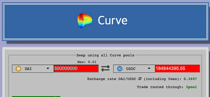 Curve finance를 이용하여, `500,000,000 Dai`를 USDC로 교환할 때 수수료와 상대적으로 높은 슬리피지 영향